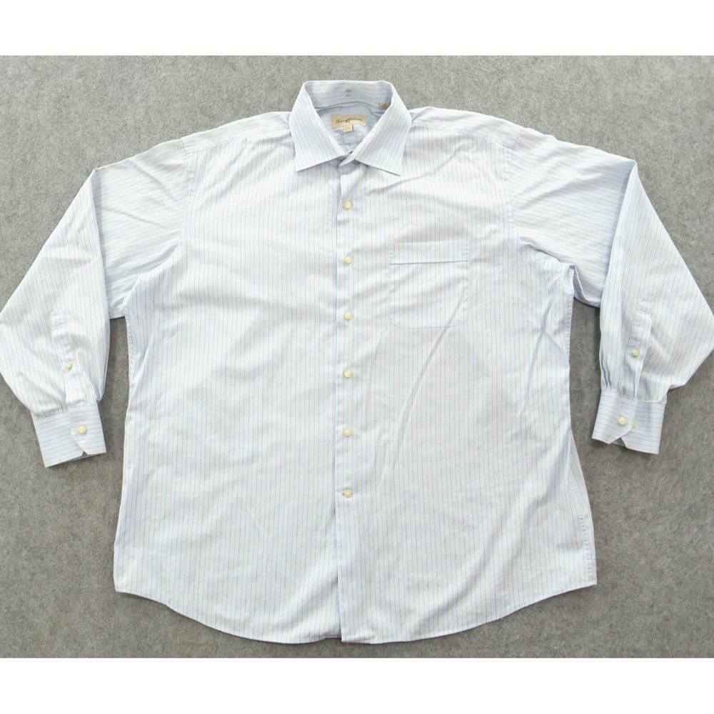 Tommy Bahama Shirt Mens 17.5 Blue 34-35 Button Up Long Sleeve Striped Dress